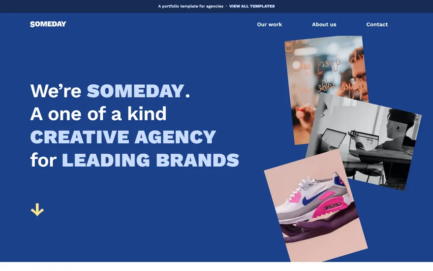 Site bleu avec un titre en grandes capitales et des photos inclinées