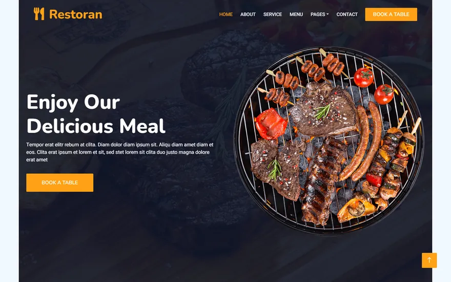 Template de restaurant gratuit, fond sombre et grande photo de grillades